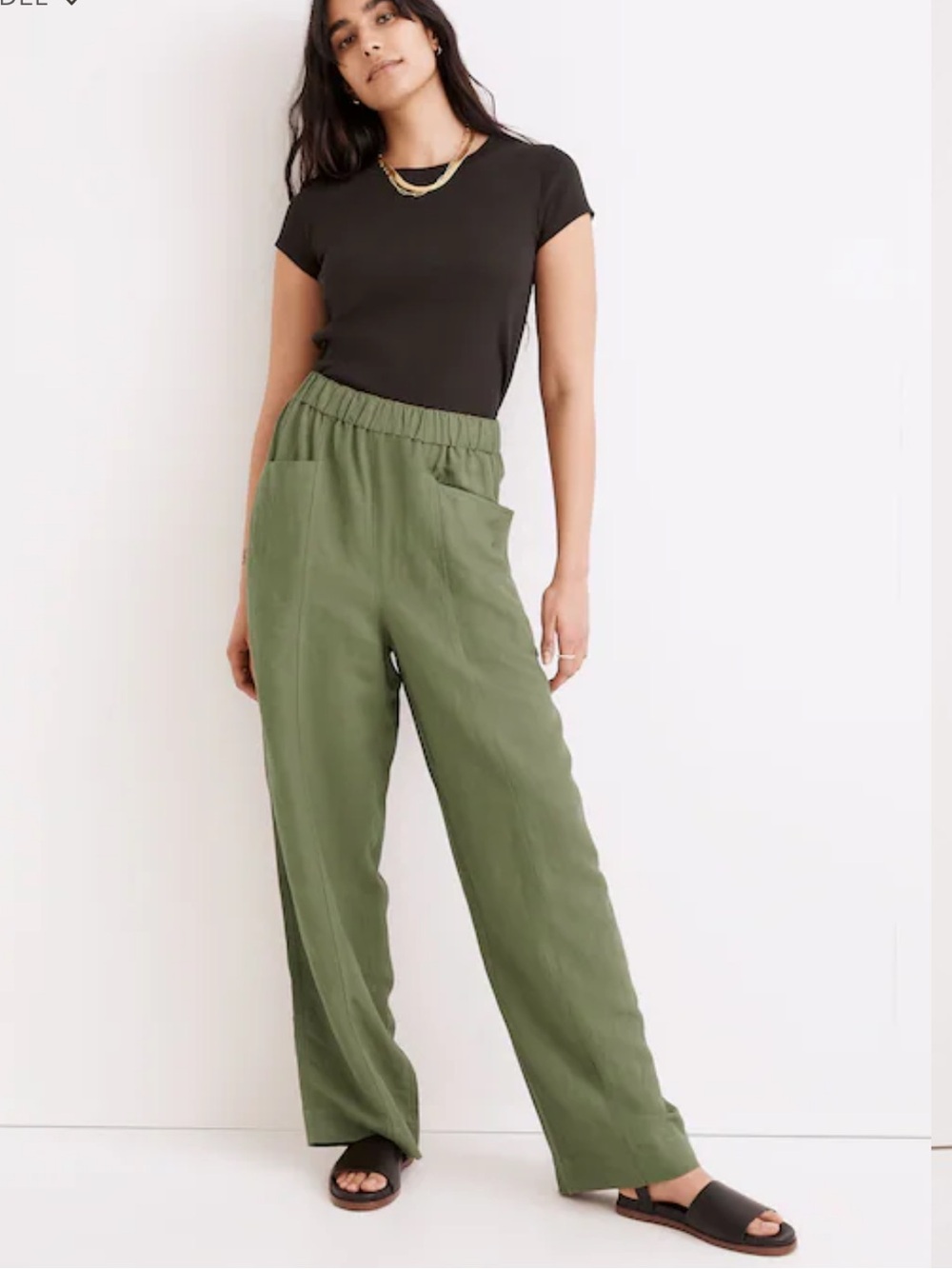 Madewell Linen Blend Pull-on High-Rise Wide Leg Pant in Moss Green Small
